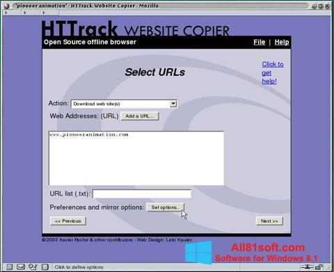 Snimak zaslona HTTrack Website Copier Windows 8.1