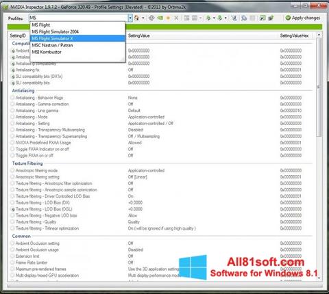 Snimak zaslona NVIDIA Inspector Windows 8.1