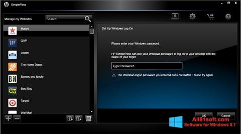 Snimak zaslona HP SimplePass Windows 8.1