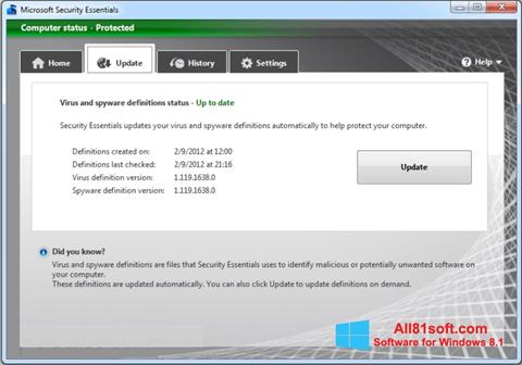 Snimak zaslona Microsoft Security Essentials Windows 8.1
