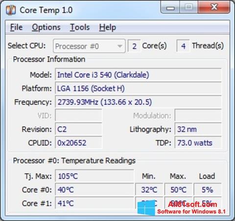 Snimak zaslona Core Temp Windows 8.1