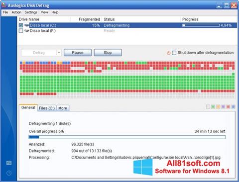 Snimak zaslona Auslogics Disk Defrag Windows 8.1